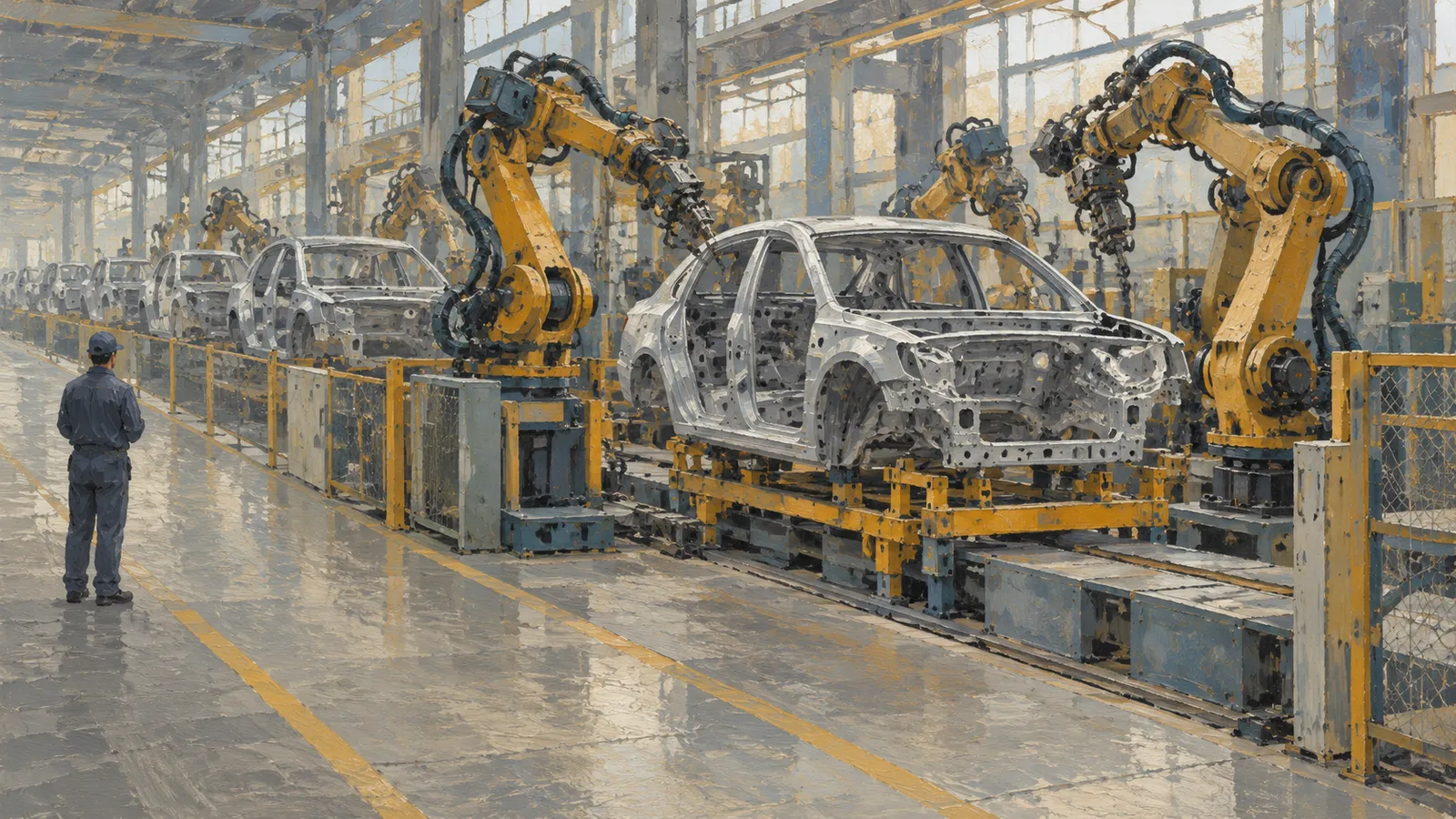 Illustration of yellow robotic arms beside bare car bodies on a factory assembly line, with a worker standing in the aisle. SI illustration