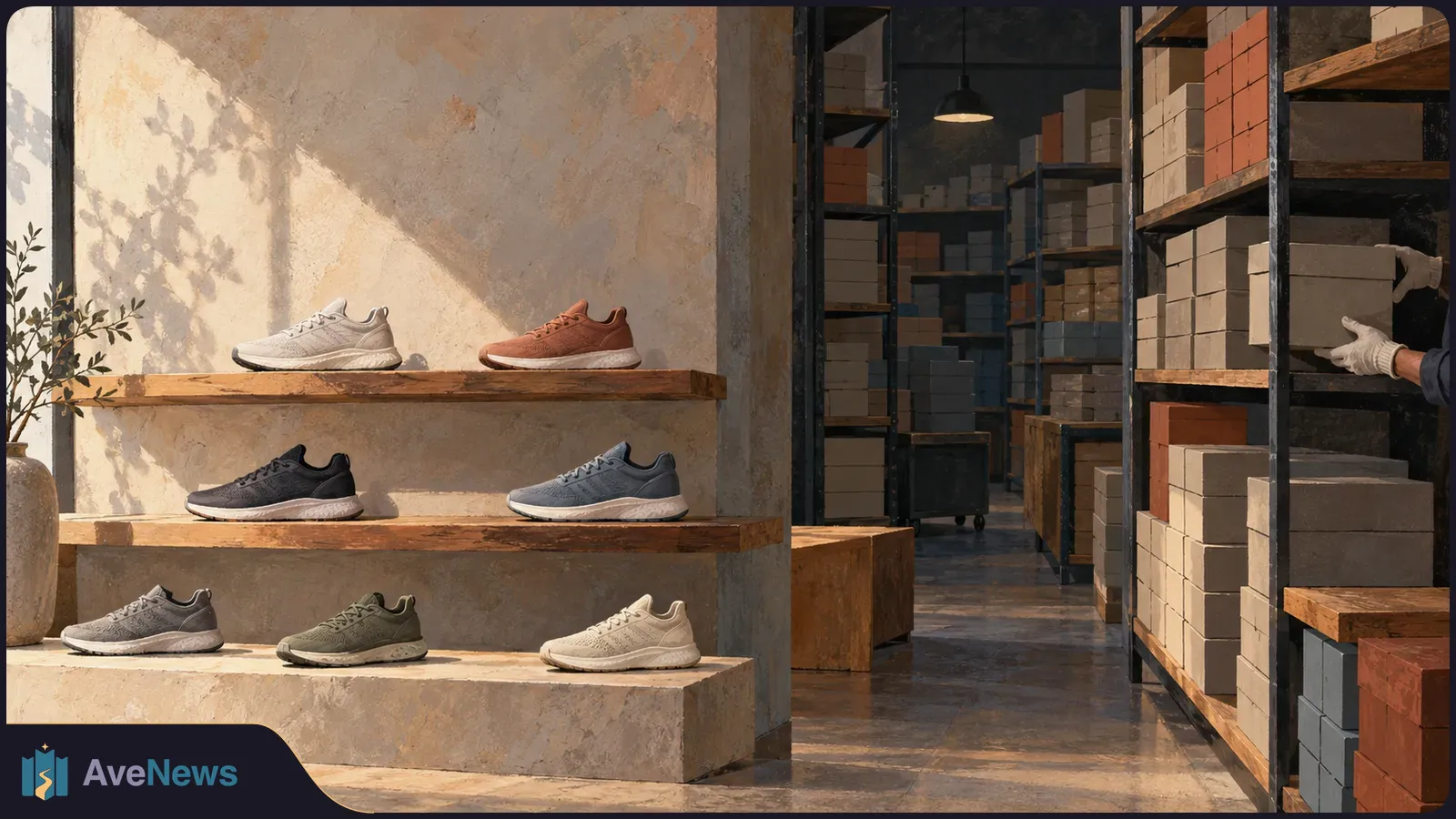 Seven sneakers in assorted colors line three display shelves beside racks of shoeboxes; at the right, gloved hands hold a box. SI illustration