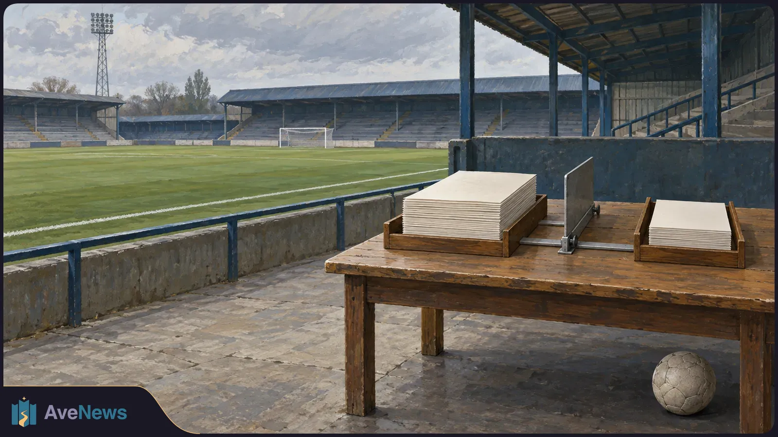 In an empty football stadium, two stacks of blank paper and a paper cutter sit on a wooden table; a worn football rests underneath. SI illustration
