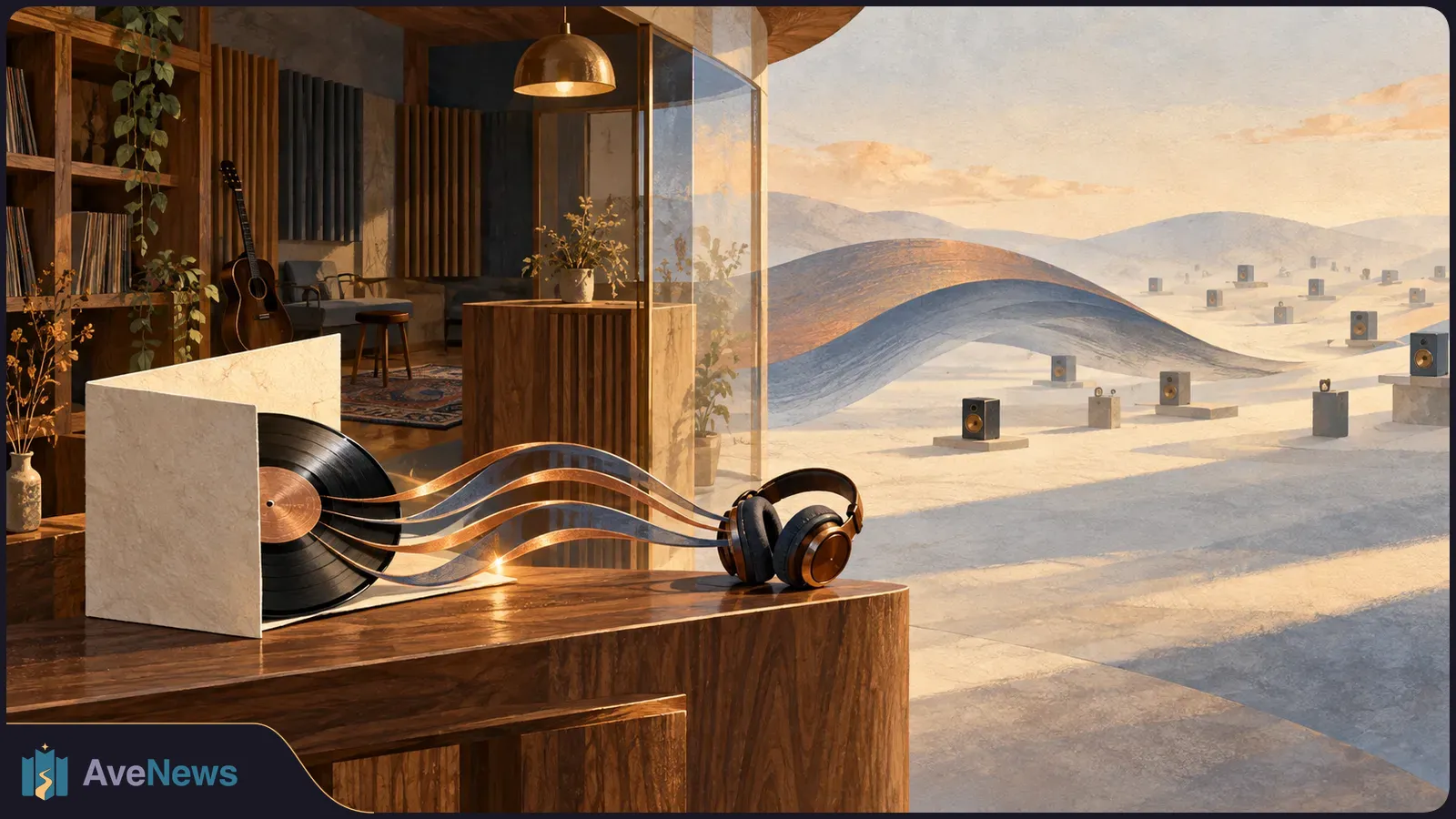 A vinyl record in a pale sleeve sends ribbon-like waves toward headphones on a wooden counter. Beyond the room, speakers dot a sunlit landscape. SI illustration