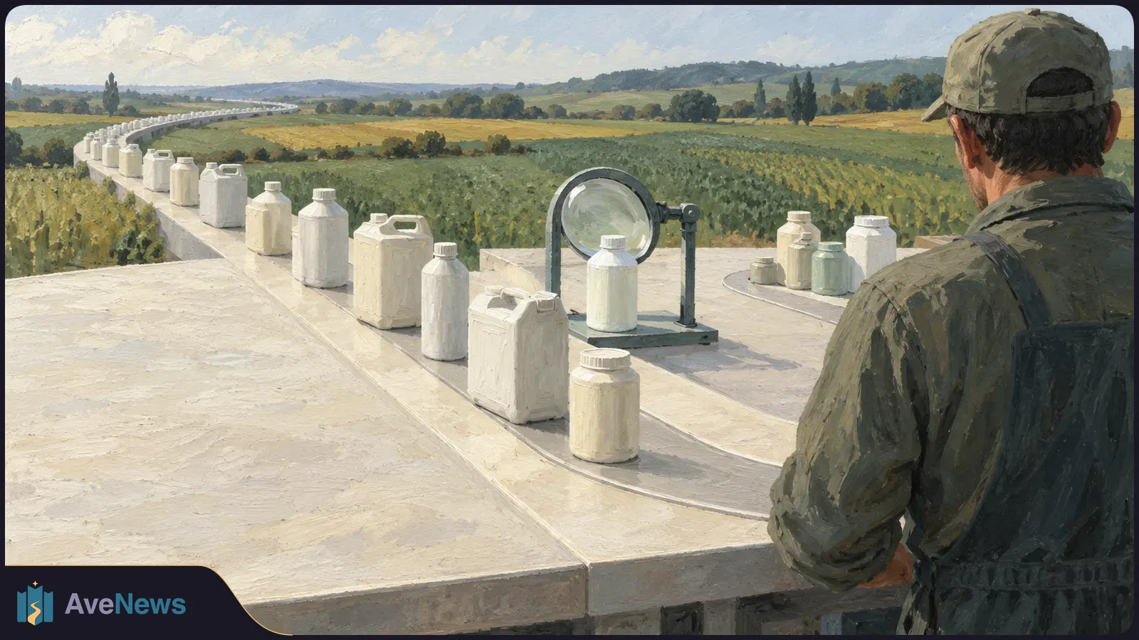 Painted scene of a man seen from behind beside a long row of white bottles and jugs, a magnifying glass, and fields stretching into the distance. SI illustration