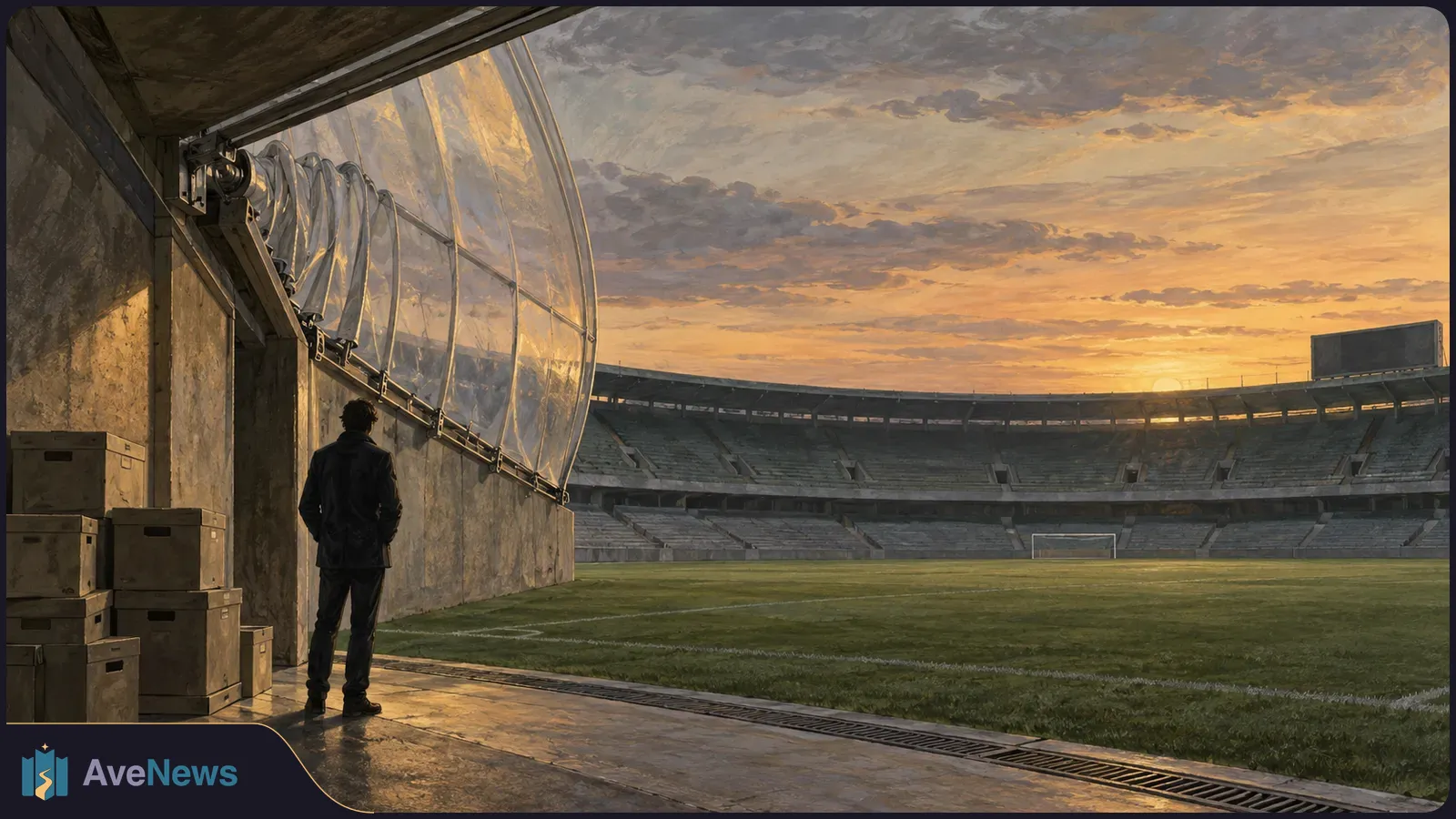 An anonymous figure stands at the edge of a tunnel, looking out over an empty football stadium at sunset; stacked crates sit nearby. SI illustration