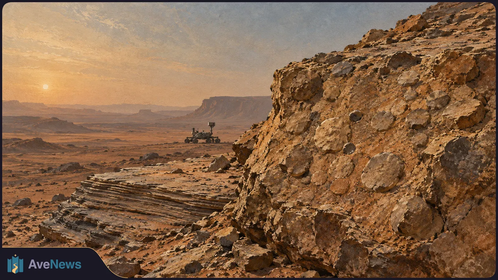 A large rock covered in disc-shaped lumps dominates a reddish desert scene, with a small rover in the distance beneath a low sun. SI illustration