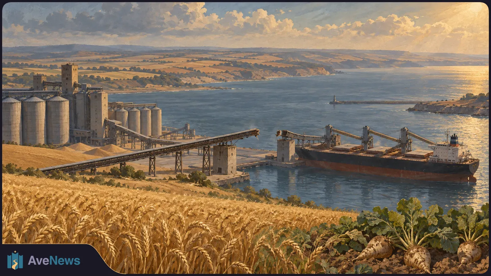 Golden wheat and harvested beets overlook grain silos, conveyor belts and a cargo ship in a sunlit harbor. SI illustration