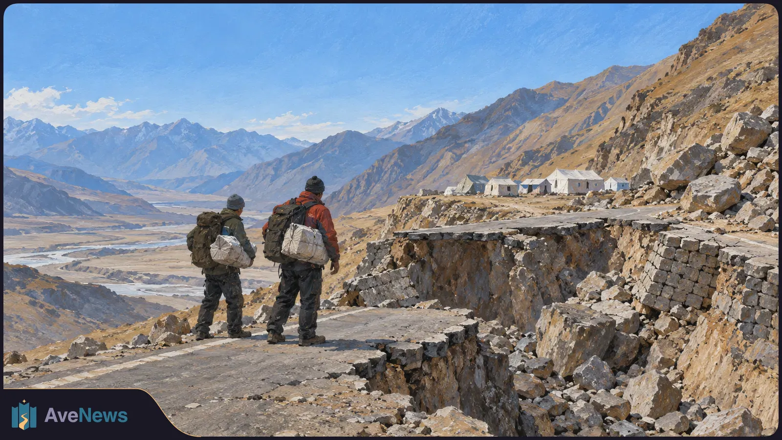 Two backpacked figures stand beside a collapsed mountain road, looking toward tents on a rocky slope above a river valley. SI illustration