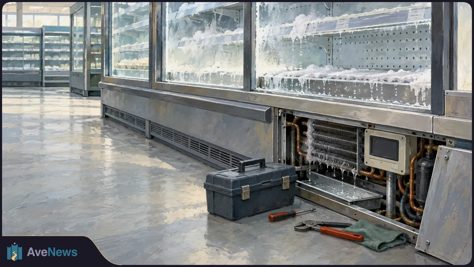 Painted supermarket freezer cases coated in ice, with an open lower panel exposing pipes and coils; tools and a toolbox sit on the wet floor. SI illustration