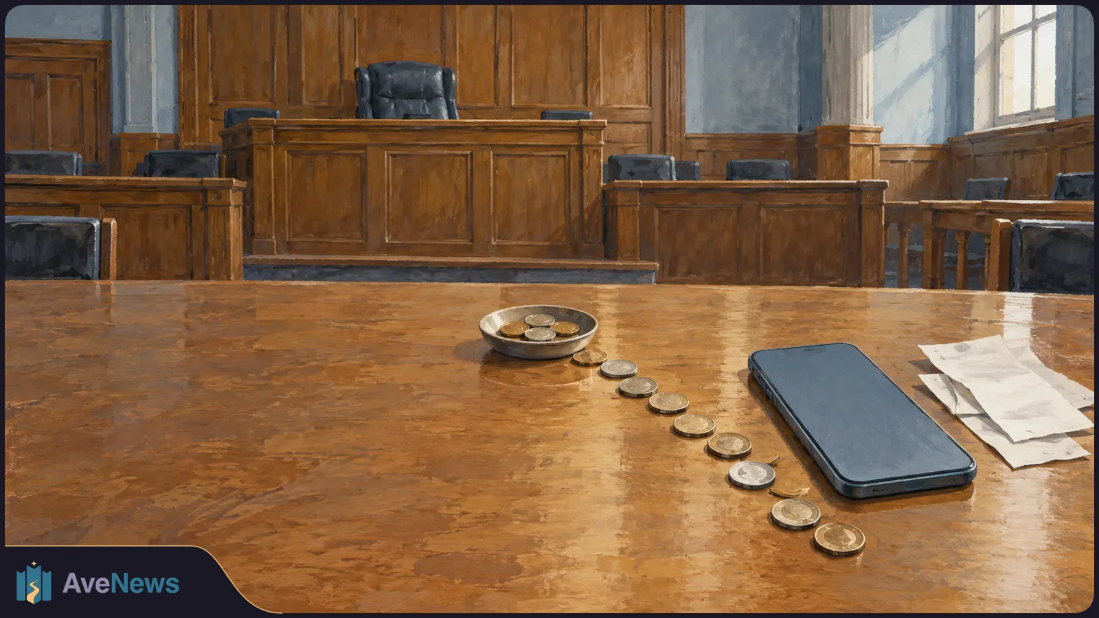 In an empty, wood-paneled courtroom, coins spill from a small dish across a table toward a dark-screened phone beside loose papers. SI illustration