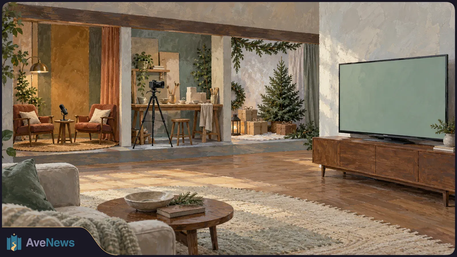 Illustrated living room with a large blank TV, a camera on a tripod, a microphone, a Christmas tree and wrapped gifts. SI illustration