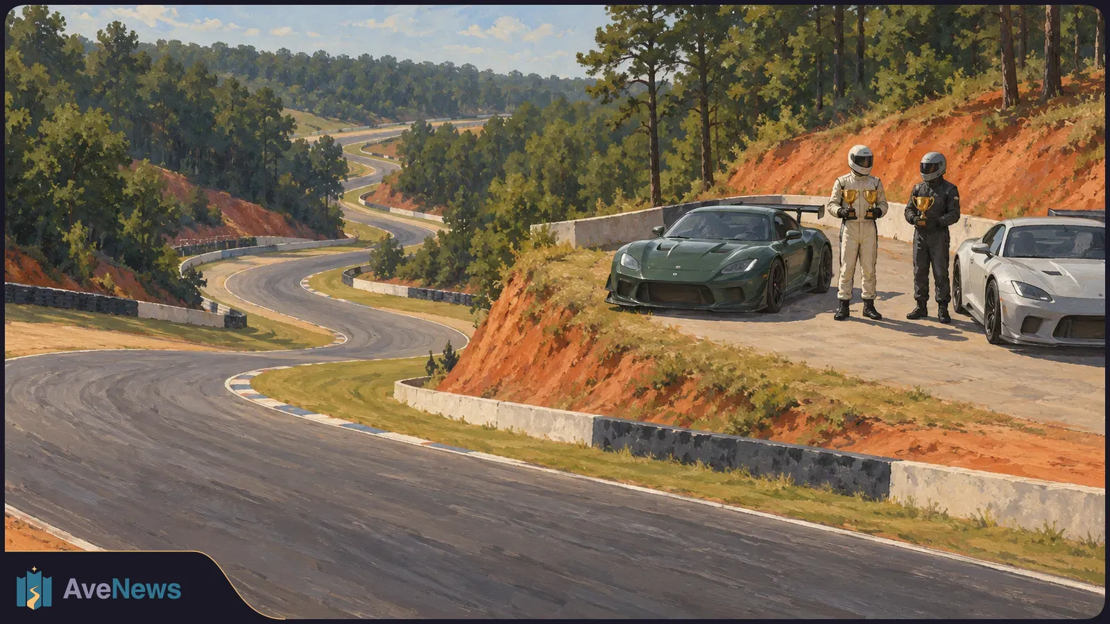 Painted view of a winding racetrack through wooded hills, with two sports cars parked beside it. Two helmeted drivers stand nearby; one holds two trophies, the other one. SI illustration