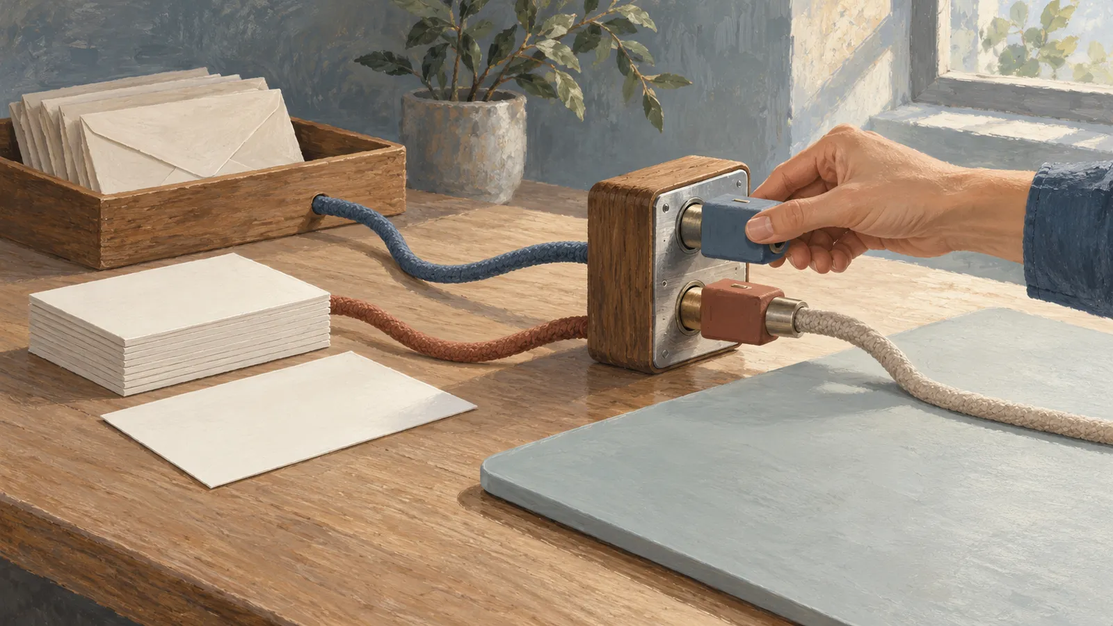 A hand holds a blue plug against a wooden two-socket box on a desk, beside envelopes, blank cards and a potted plant. SI illustration
