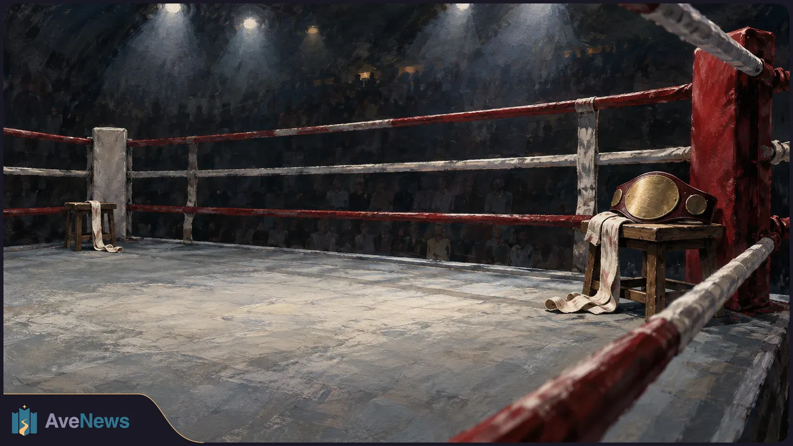 A painted, empty boxing ring under spotlights, with a championship belt on a stool and hand wraps draped beside it. SI illustration