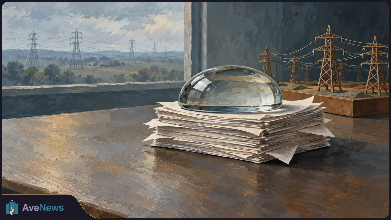Painted scene of a glass paperweight on a stack of papers atop a wooden desk, with model power pylons beside it and more pylons visible through a window. SI illustration