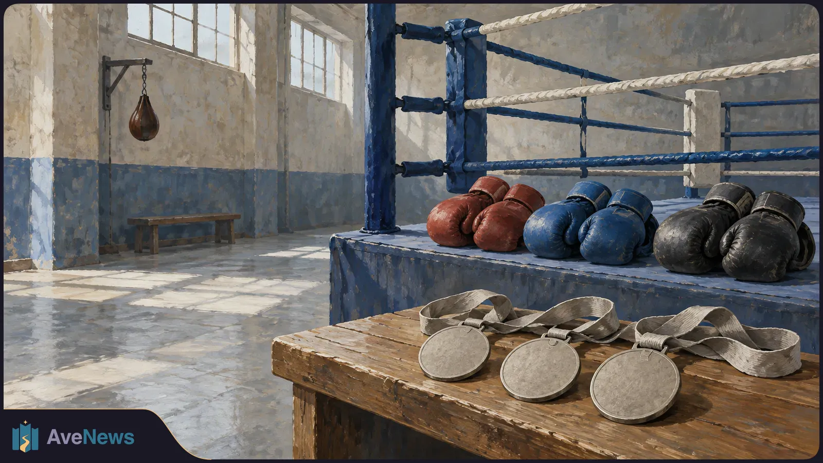 Three medals lie on a wooden bench beside a boxing ring lined with red, blue and black gloves in a sunlit gym. SI illustration