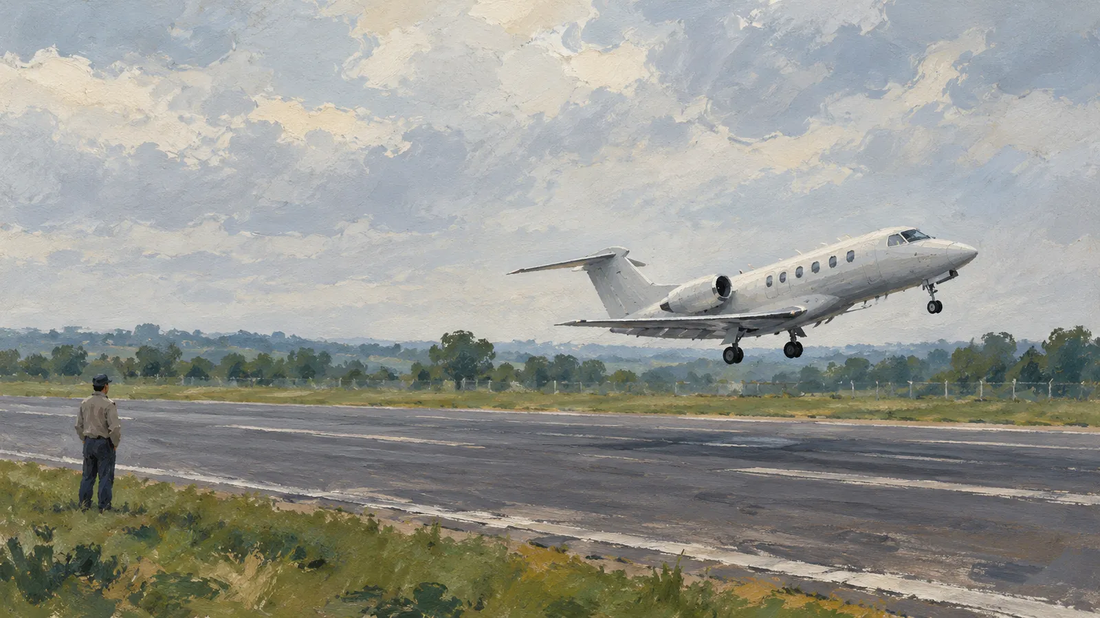 A painted scene of a white jet above a runway with its landing gear extended, while a person watches from the grassy verge under a cloudy sky. SI illustration