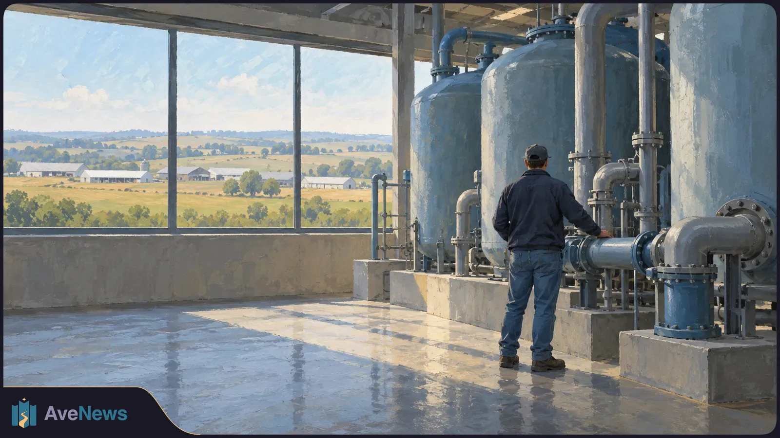 Illustration of a worker beside large tanks and pipes in an industrial building, with fields and farm buildings visible through wide windows. SI illustration