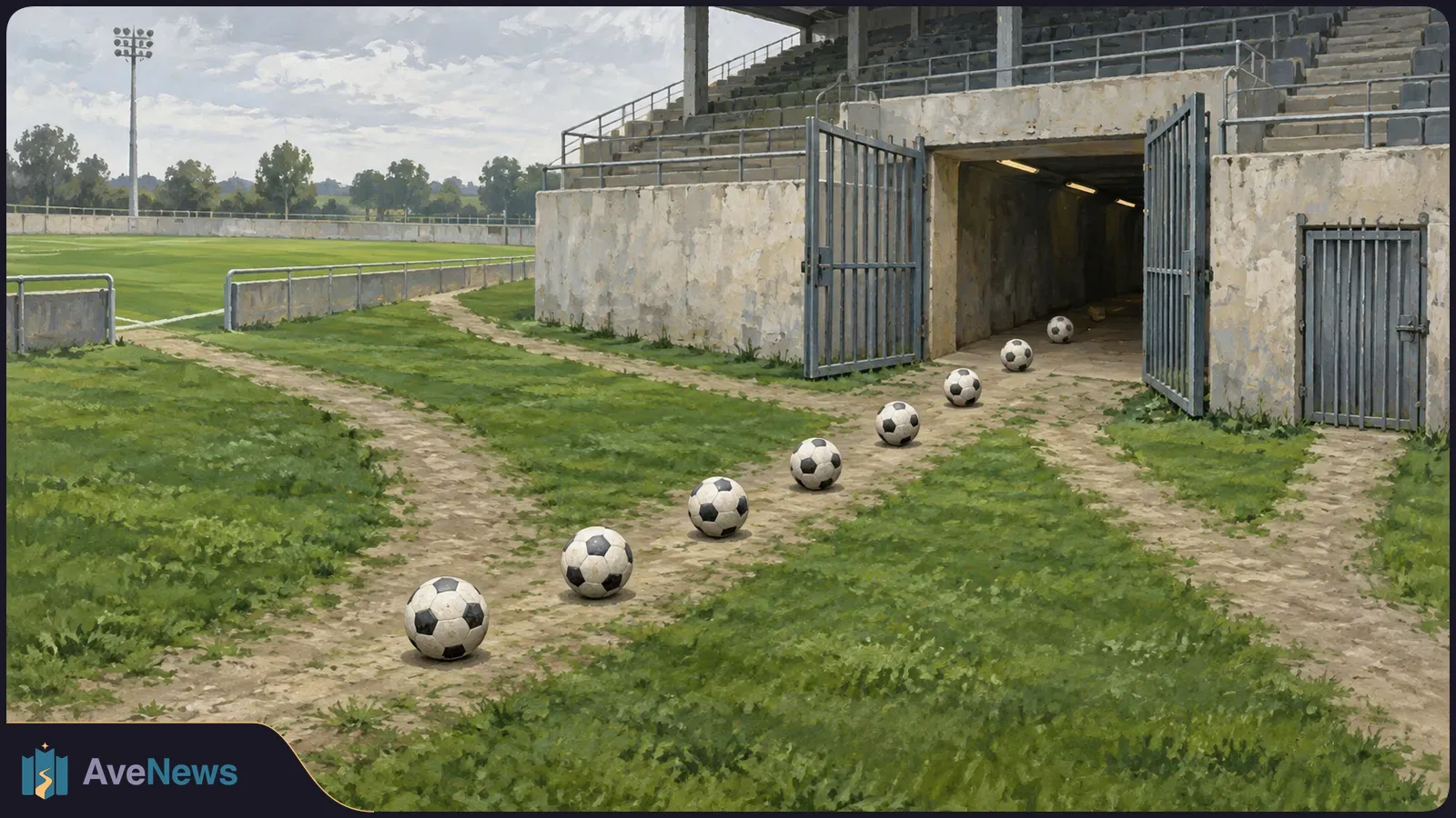 Painted view of an empty football stadium, with seven footballs lined up on a dirt path outside an open tunnel and another ball inside. SI illustration