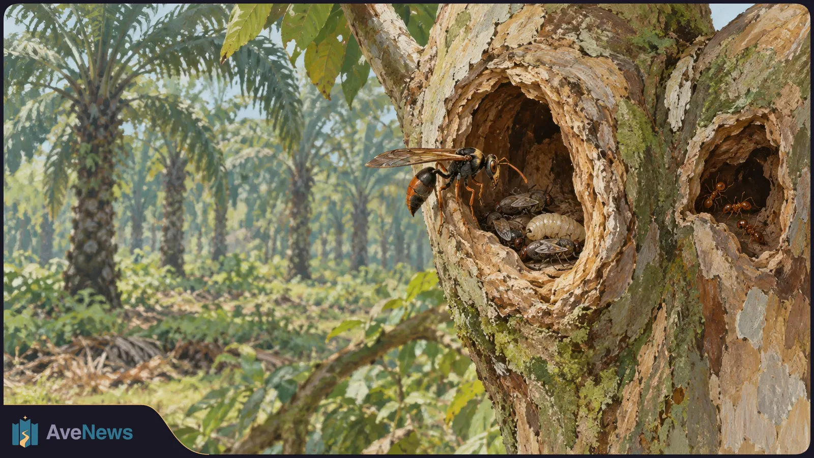 A wasp hovers beside a tree hollow containing winged insects and a pale larva. Ants occupy a neighboring hollow, with oil palms in the background. SI illustration