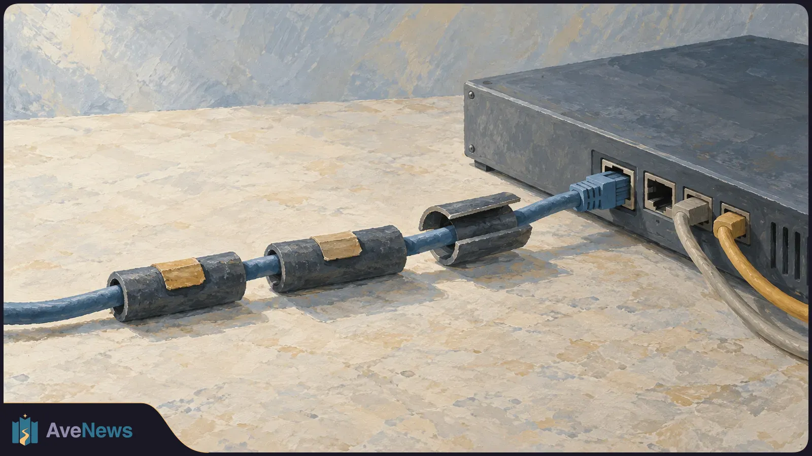 Painted illustration of a blue cable with three dark clamp-like sleeves plugged into a black network device, with two other cables in adjacent ports. SI illustration