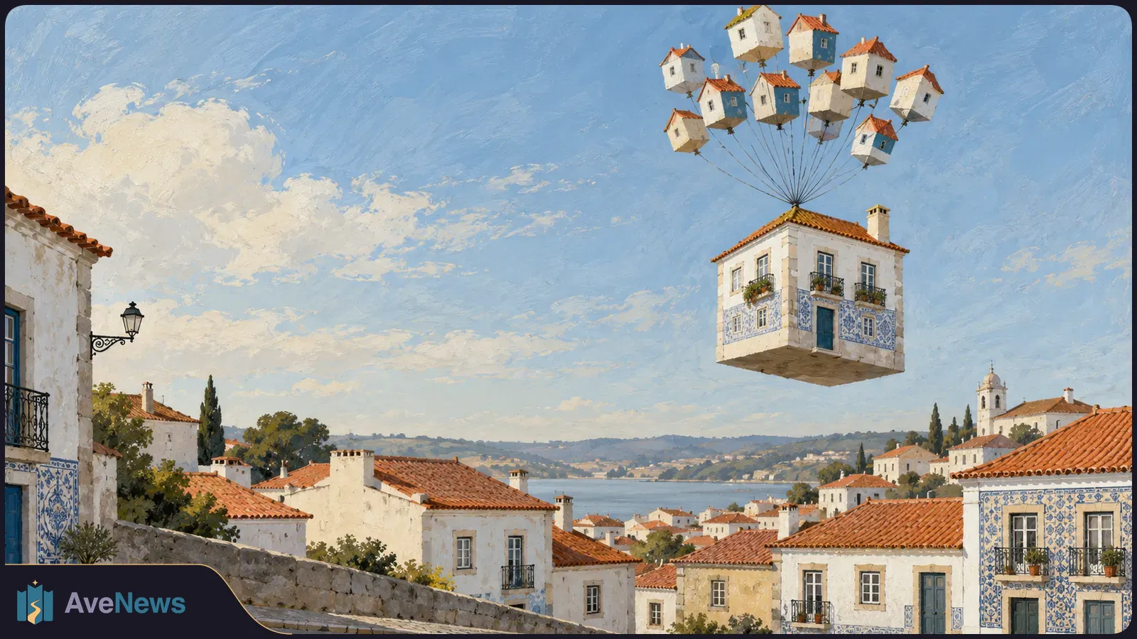 A painted town of white houses with blue tiles and terracotta roofs. One house floats above the rooftops, tethered to a cluster of smaller houses like balloons. SI illustration