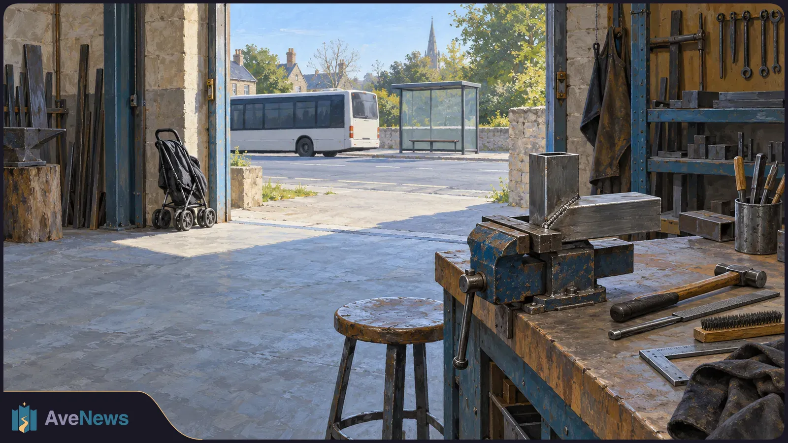 Illustrated metalworking workshop with a vise and tools in the foreground, an empty stroller by the doorway, and a bus beside a shelter across the road. SI illustration