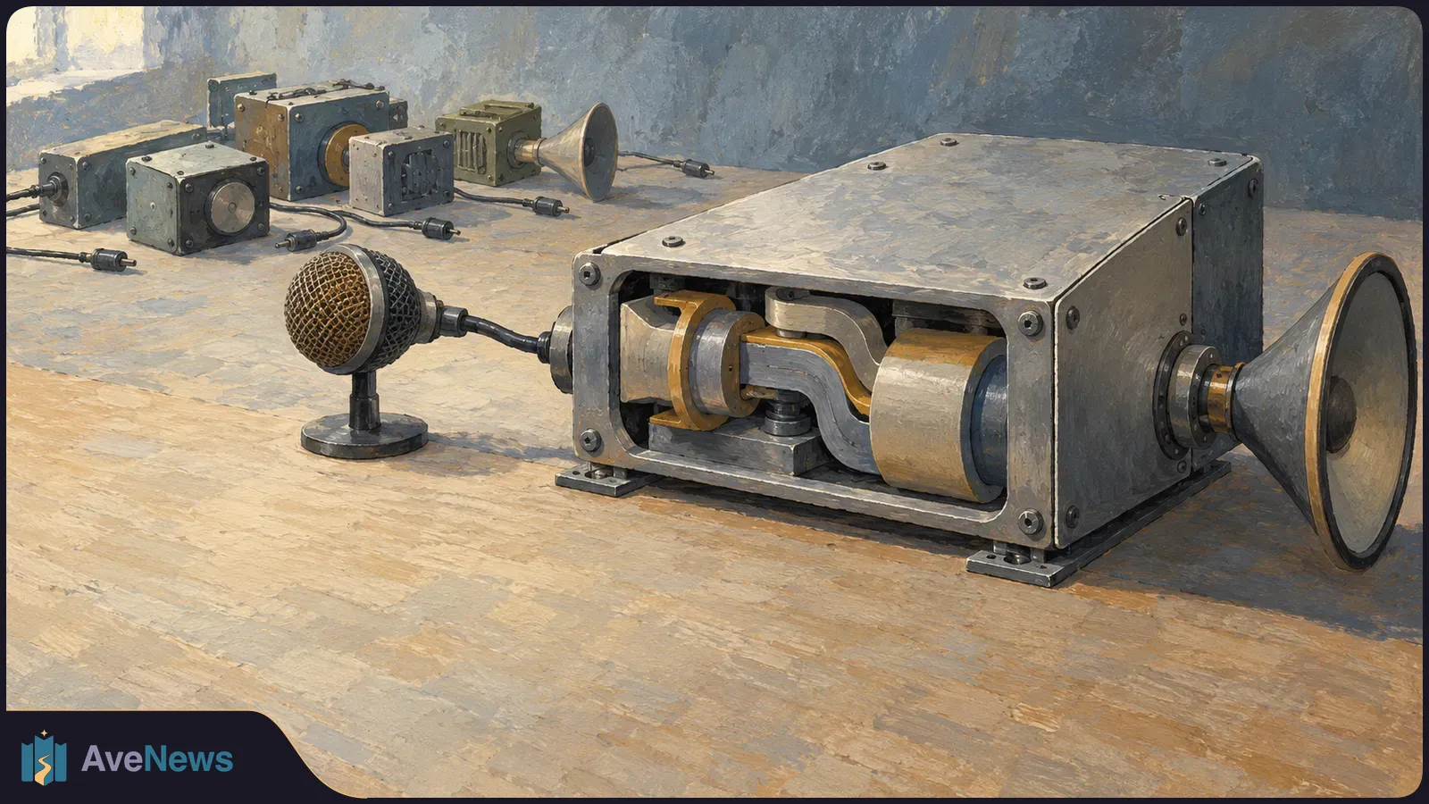 Painterly illustration of a microphone connected to an open metal device with visible internal parts and a horn speaker; smaller audio devices sit behind it on a table. SI illustration