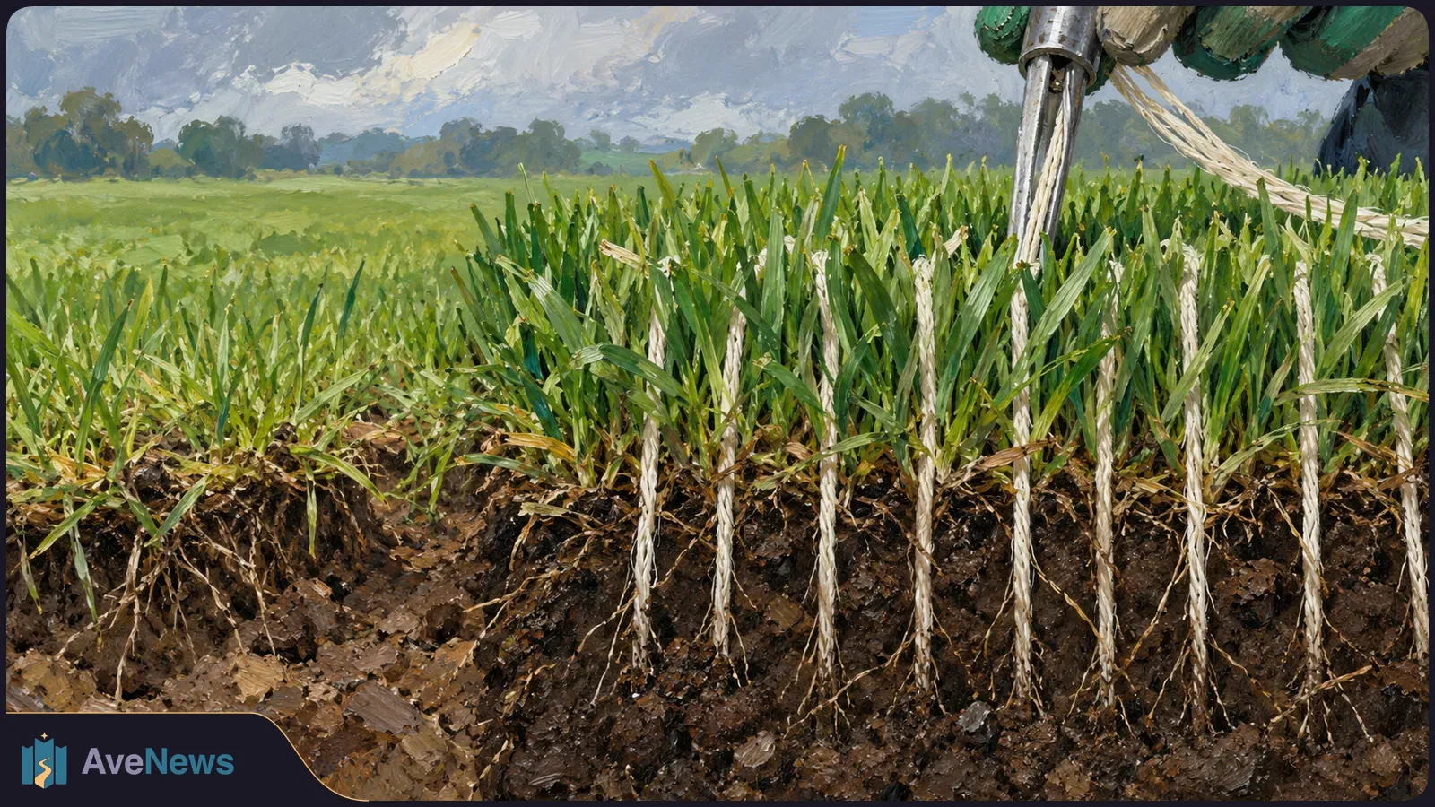 Painted cutaway of a grass field, with white fibers running down through the turf and soil as a tool inserts more from above. SI illustration