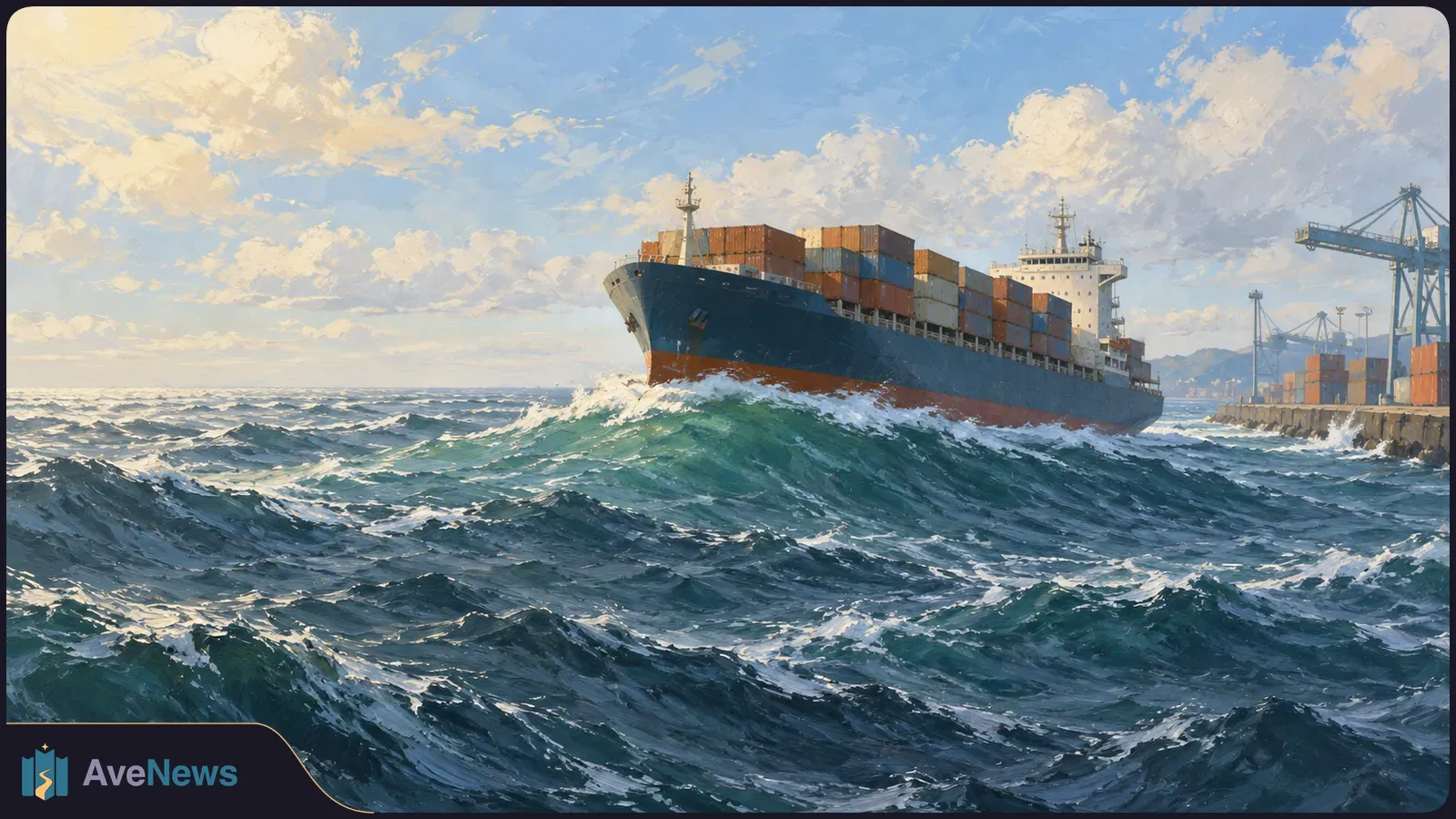 Painted container ship moving through rough seas beside a port with cranes and stacked containers under a cloudy sky. SI illustration