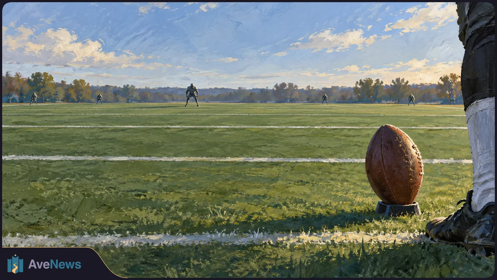 Painterly view of an American football on a kicking tee beside a player’s cleat, with players spread across the field in the distance. SI illustration