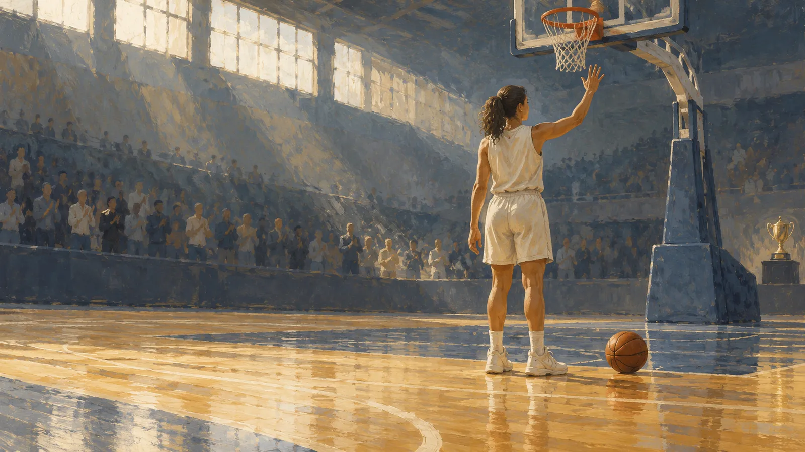 A painted basketball player in white raises a hand beneath a hoop, with a ball on the court, spectators in the stands and a trophy at the side. SI illustration