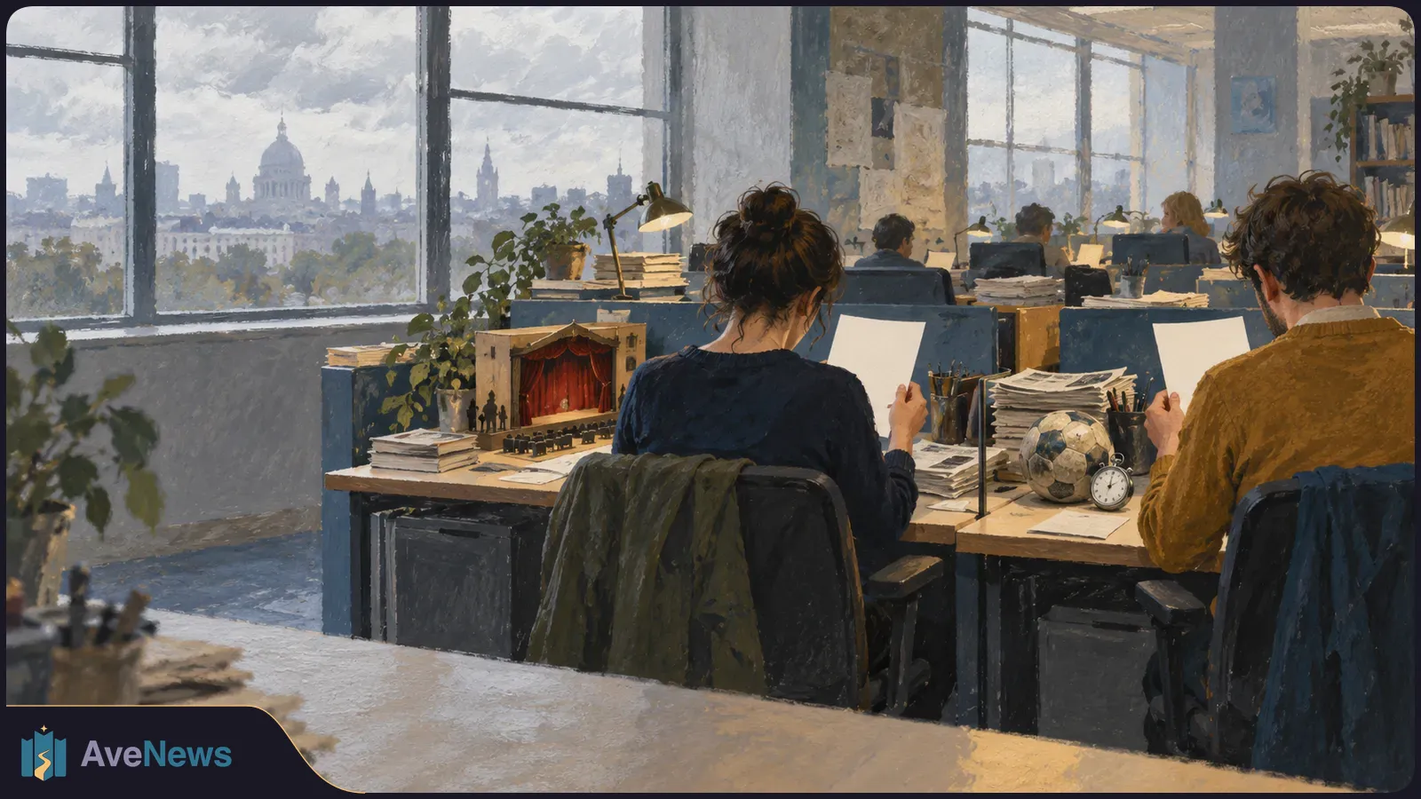 Painterly newsroom scene with people at desks holding blank sheets of paper; stacks of papers, a model stage and a football sit nearby, with a city skyline beyond the windows. SI illustration