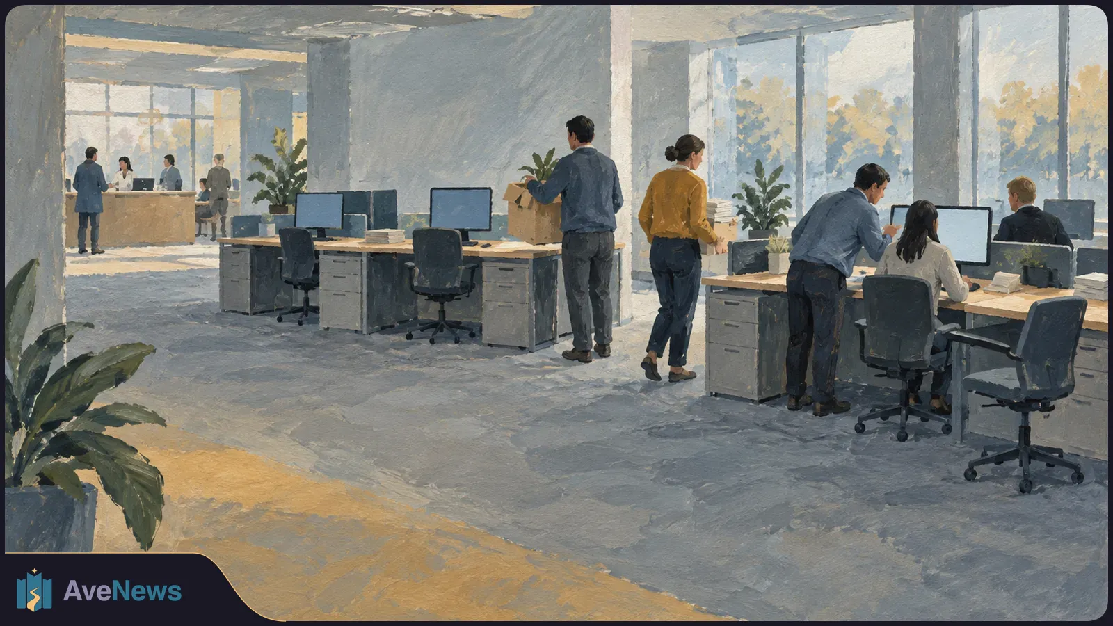 Illustration of an open-plan office with employees at desks and a reception area; one person carries a cardboard box with a plant. SI illustration