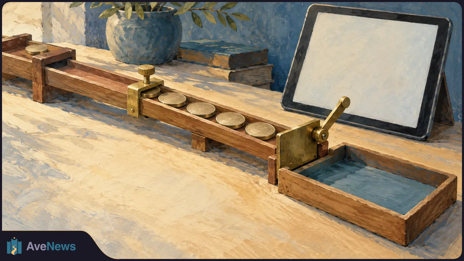 Painted scene of coins lined up in a wooden track with a brass clamp and lever beside a blank tablet. Books and a vase sit behind them. SI illustration
