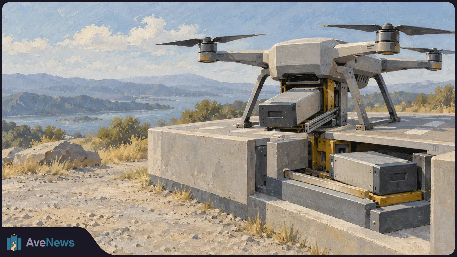 A gray quadcopter rests on a concrete dock with rectangular battery modules in open compartments, overlooking a lake and mountains. SI illustration