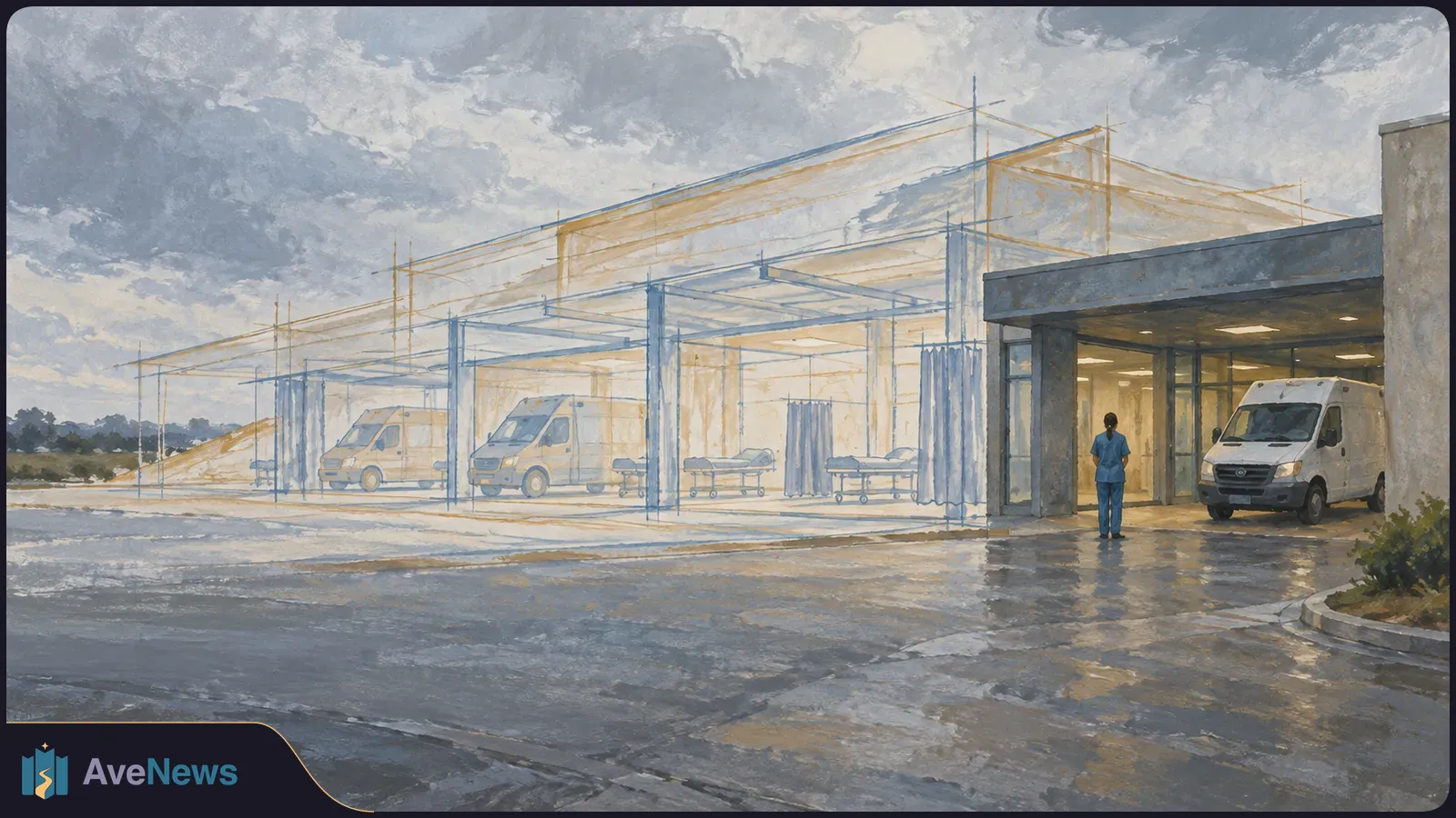Painterly illustration of a care facility with a partly sketched extension, white vans, wheeled stretchers and a person in blue scrubs on a wet driveway. SI illustration