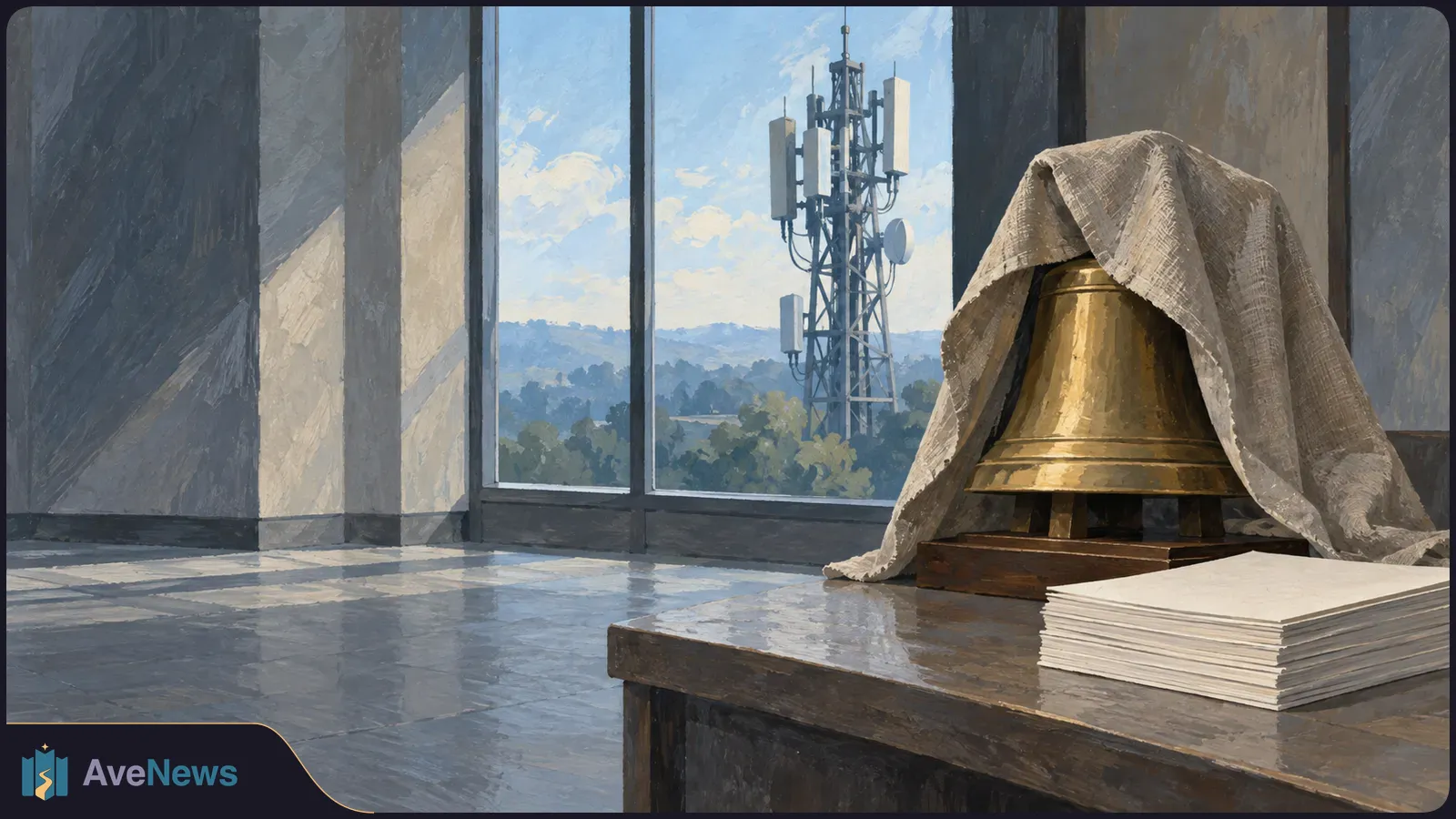 A cloth-draped brass bell and a stack of blank sheets sit on a wooden desk; a cellular tower is visible through the window. SI illustration