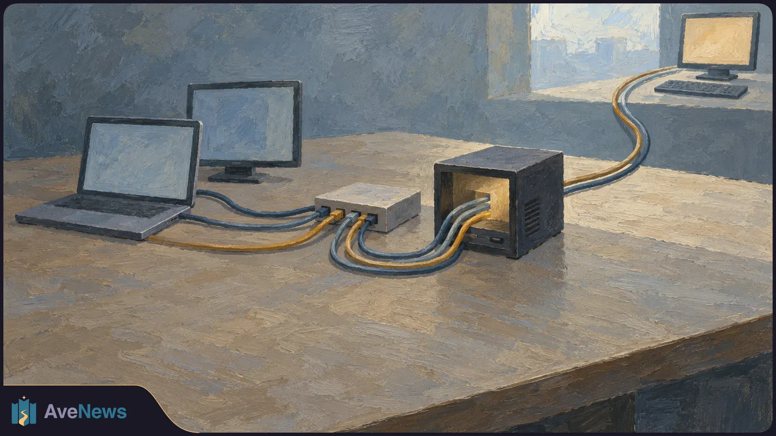 Painterly illustration of a laptop and two monitors on a desk, connected by blue and gold cables to a small hub and a dark box. SI illustration
