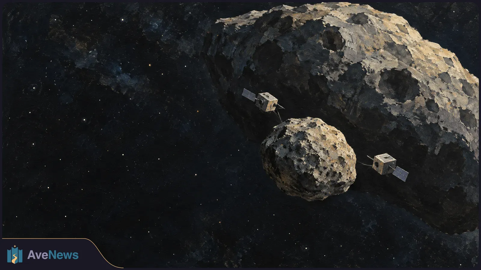 Painted illustration of two small spacecraft near a rocky asteroid and its much larger, cratered companion against a dark star field. SI illustration