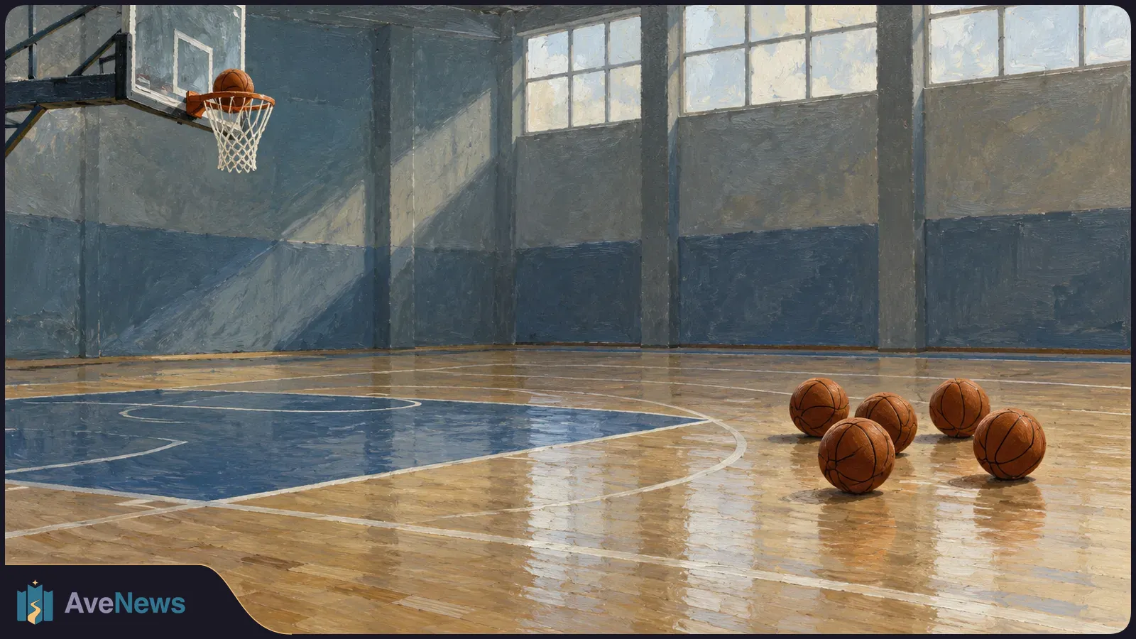 A painted indoor basketball court with one ball on the hoop’s rim and five basketballs clustered on the polished floor. SI illustration