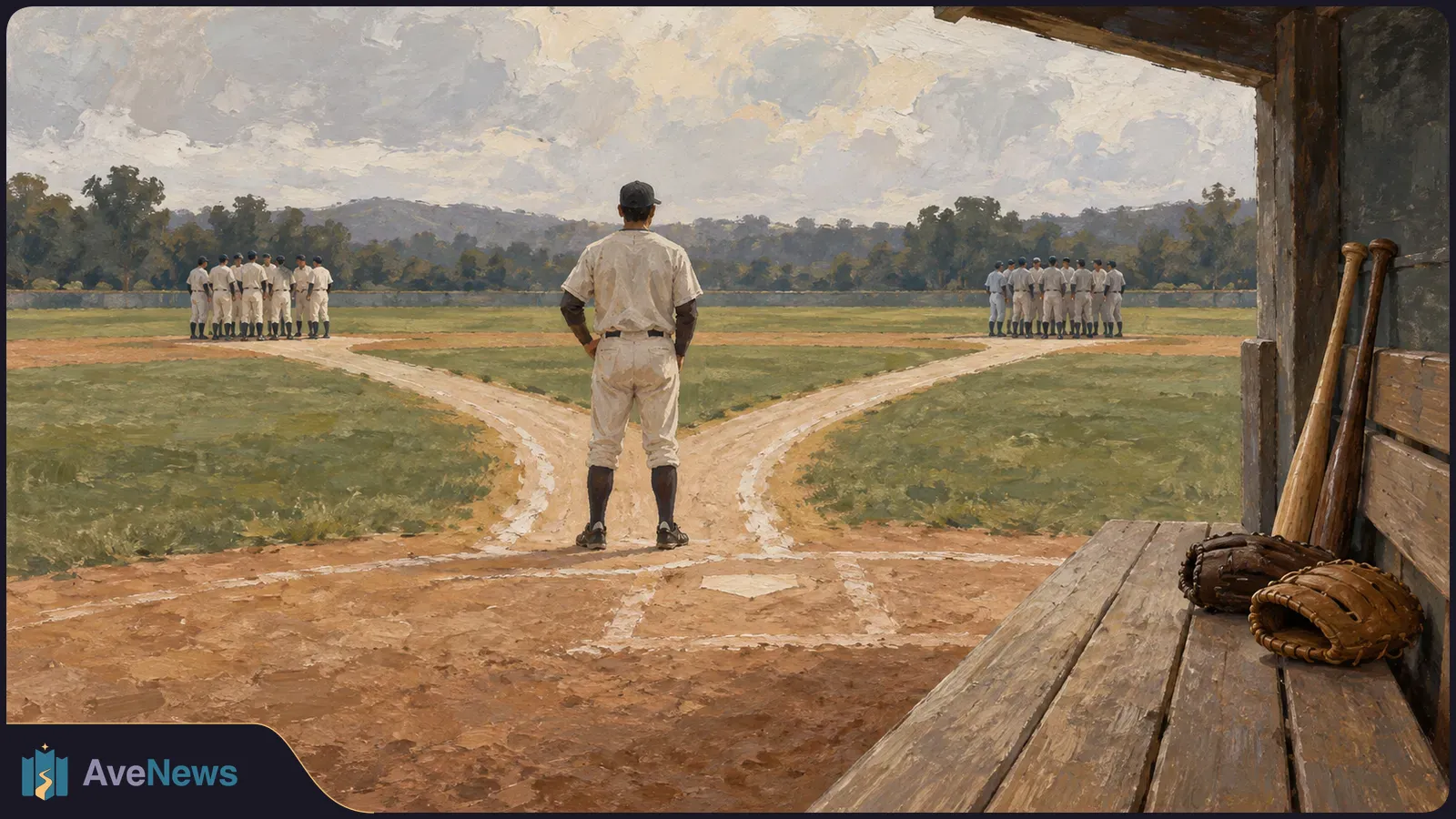 A painted baseball scene shows a player from behind at a fork in the paths, facing two groups of uniformed players. Bats and gloves rest in the dugout at right. SI illustration