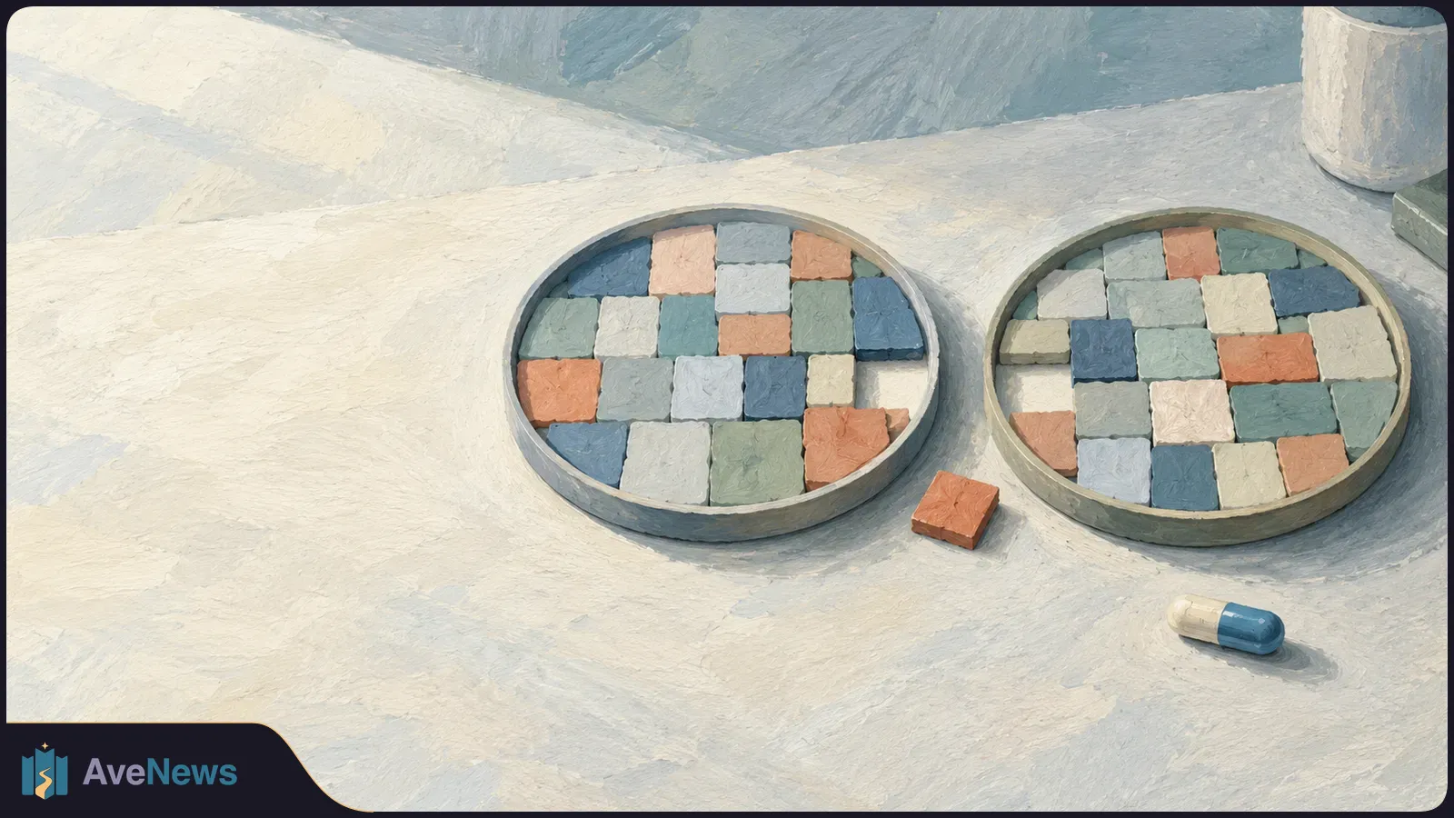 Painterly illustration of two round trays packed with muted square tiles. An orange tile lies outside them beside a blue-and-white capsule. SI illustration