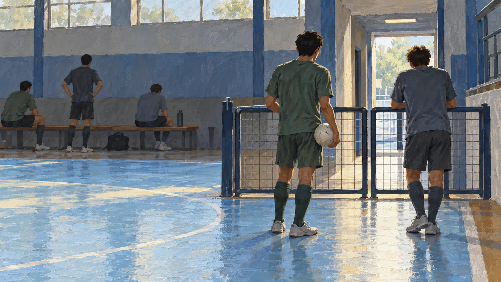 Illustration of five players in an indoor court: one holds a ball beside a mesh barrier, another leans on it, and three wait by a bench. SI illustration