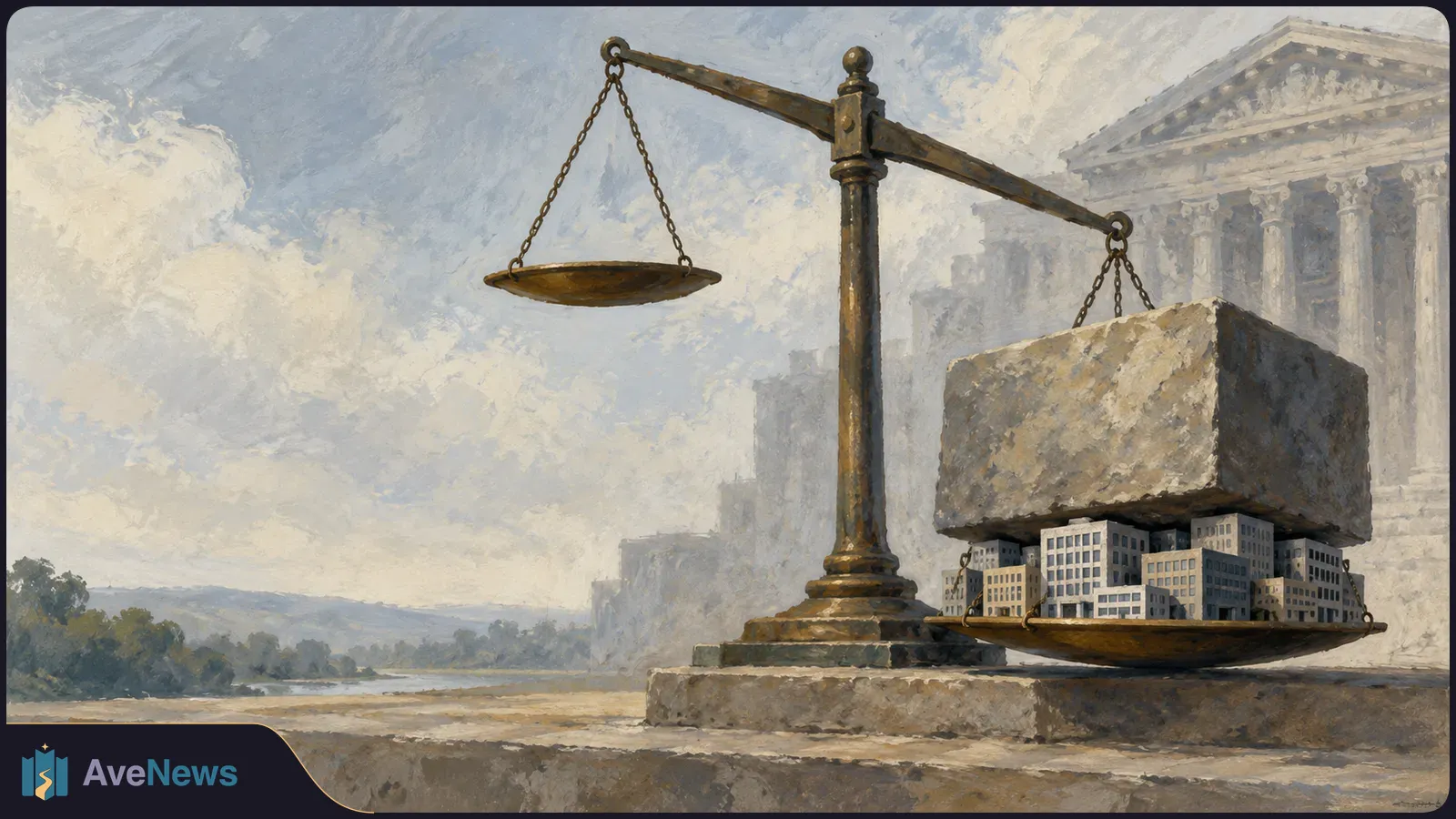 Painted illustration of an uneven balance scale: one pan is empty, while the other holds small buildings beneath a large stone block. A columned building stands in the background. SI illustration