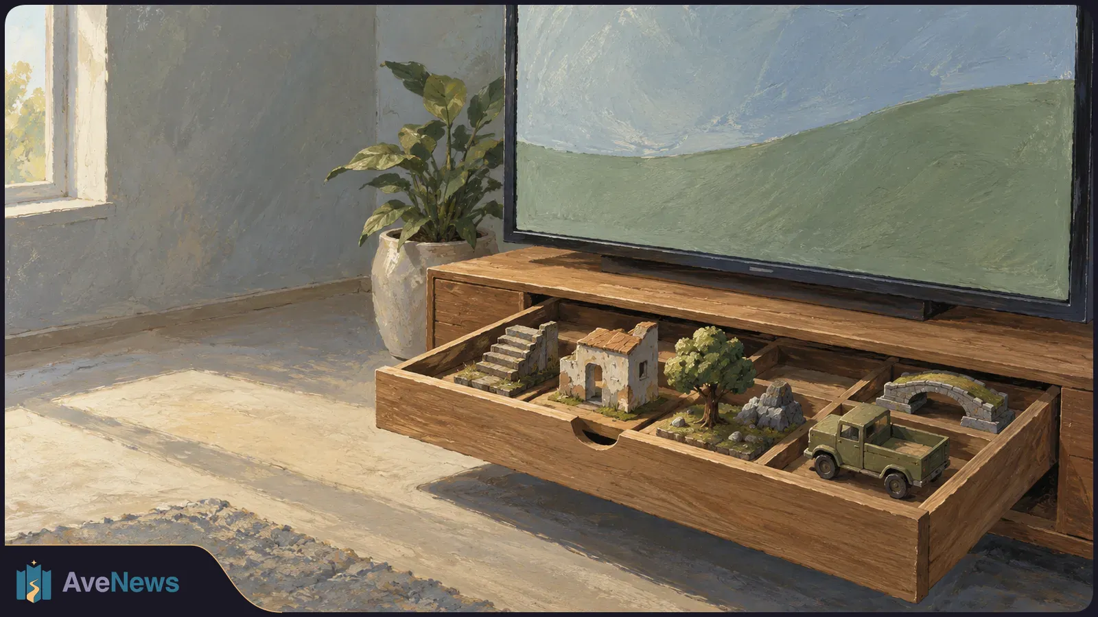 Painterly room with a TV showing green hills beneath a blue sky. An open wooden drawer below holds miniature buildings, a tree, a bridge and a pickup truck. SI illustration