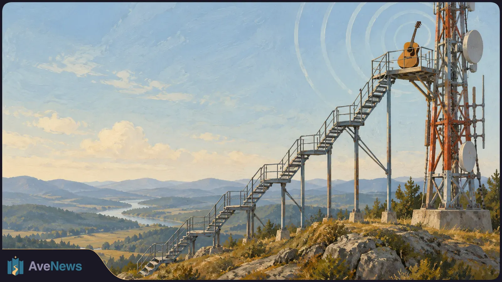 Painterly illustration of an acoustic guitar on a platform beside a radio tower, with concentric rings in the sky above a mountain valley. SI illustration