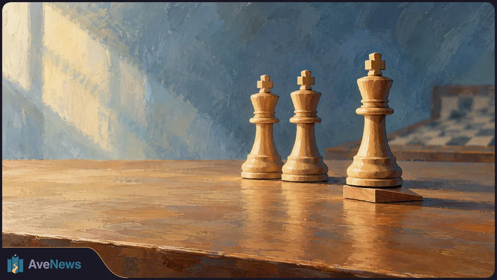 Painterly illustration of three wooden chess kings on a sunlit table, with a blue wall and a blurred chessboard behind them. SI illustration