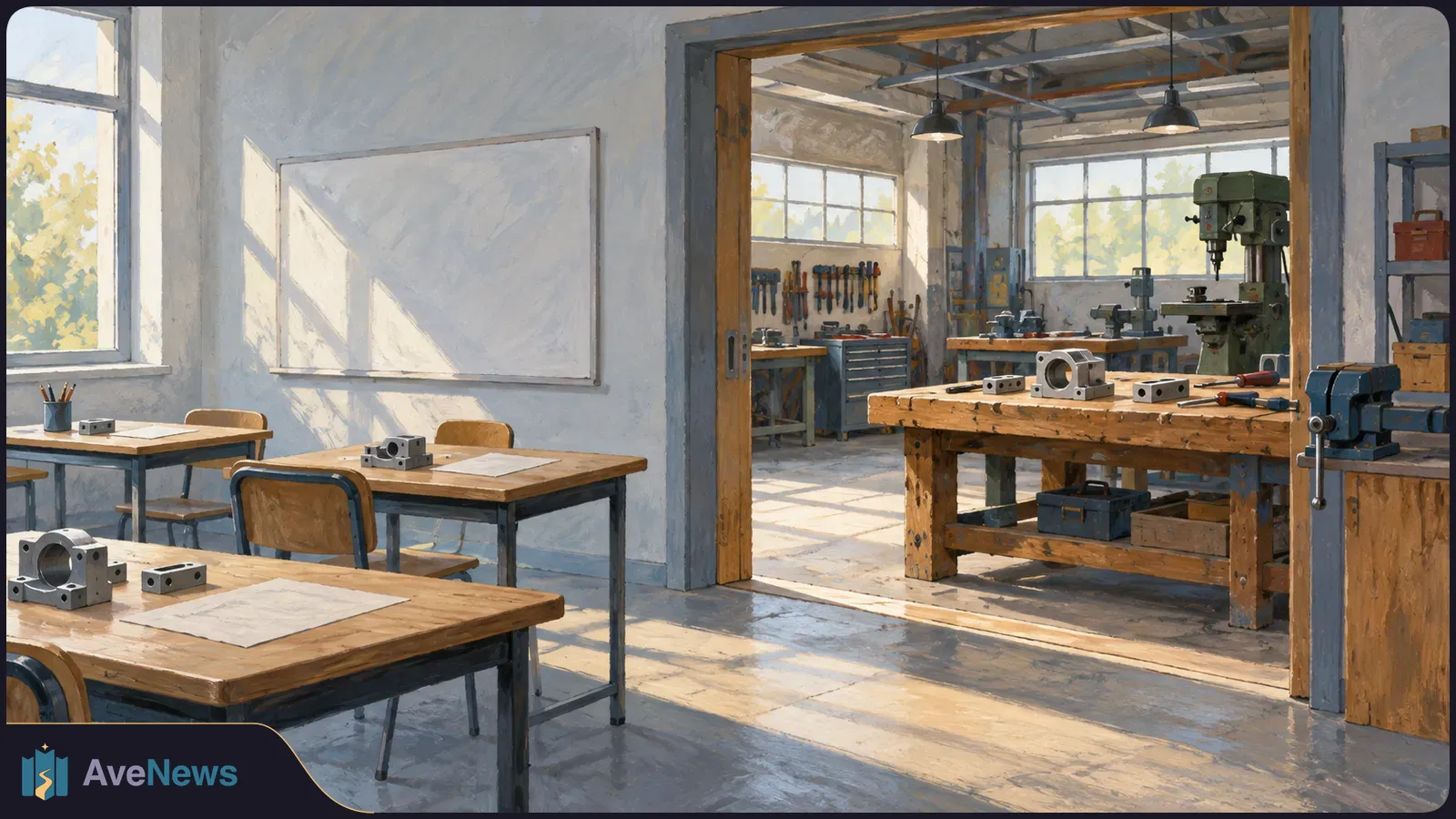 Sunlit classroom desks hold metal parts and blank papers beside an open doorway to a workshop with tools, a drill press and a wooden workbench. SI illustration