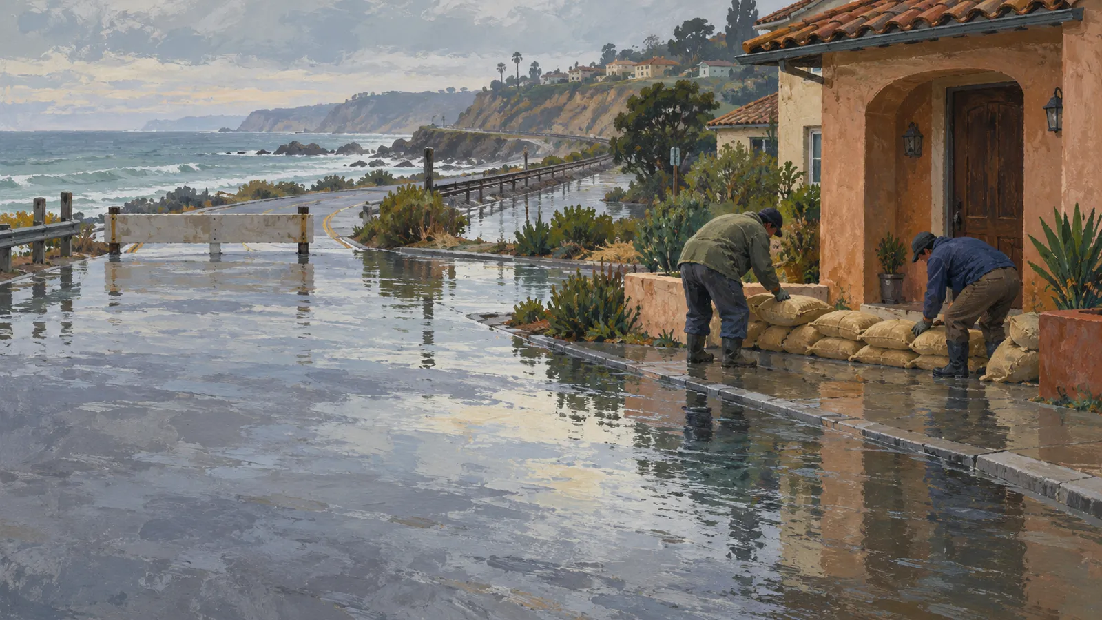 Two people stack sandbags outside a house beside a wet coastal road blocked by a barrier, with waves and cliffs in the distance. SI illustration