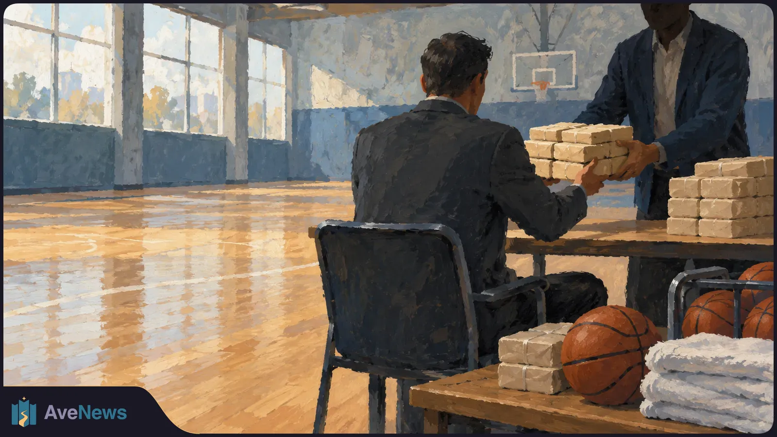 Illustration of two suited figures passing wrapped bundles across a table in a basketball gym; more bundles, basketballs and folded towels sit nearby. SI illustration