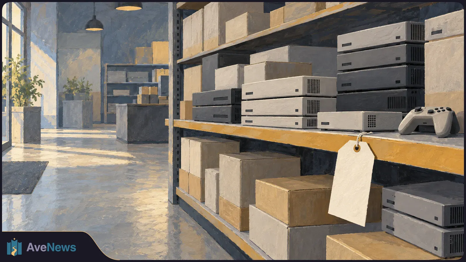 Painterly shelves hold stacks of plain game consoles and cardboard boxes. A game controller and a blank hanging tag sit in the foreground. SI illustration