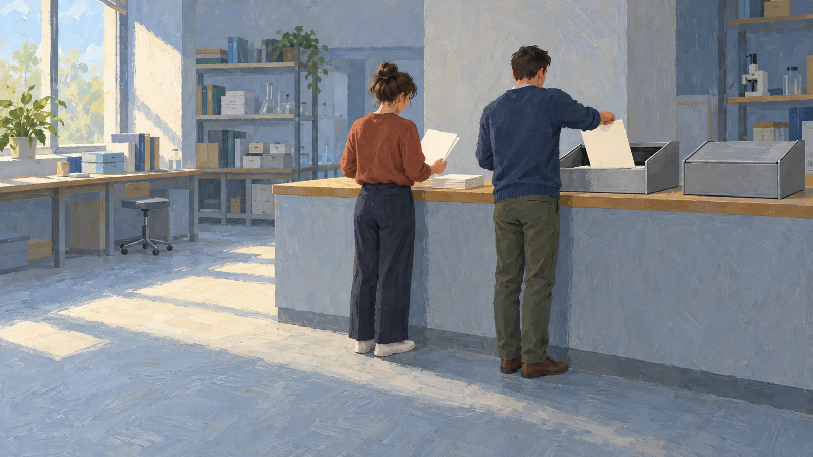 In a sunlit room, two people stand at a counter with sheets of paper; one places a sheet into an open gray box. Shelves, books and lab glassware are behind them. SI illustration